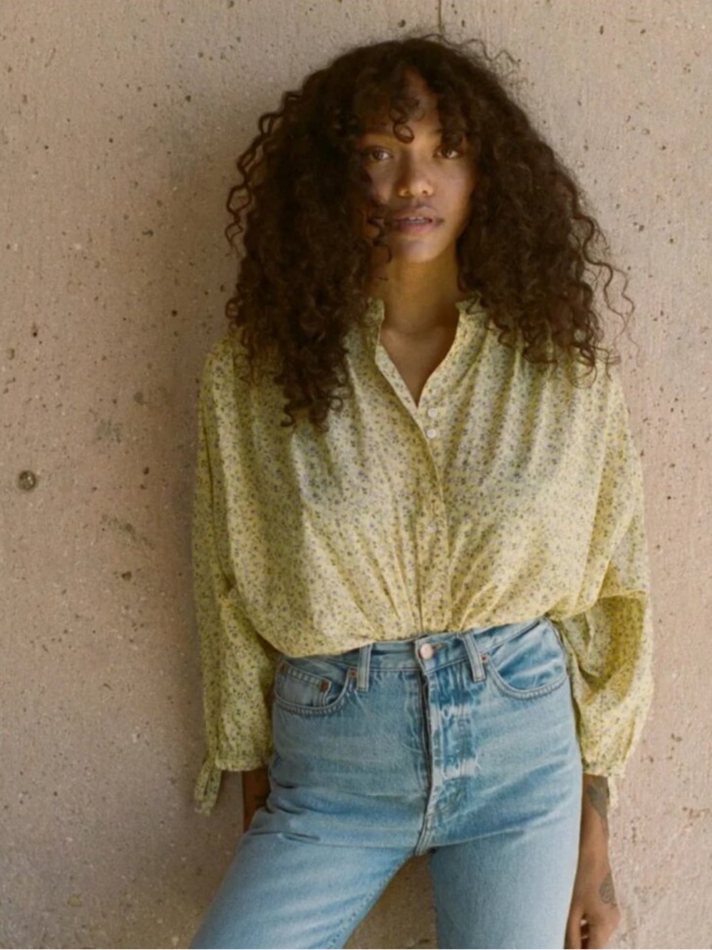 Doen Yellow Floral Moonflower Button-Up Blouse